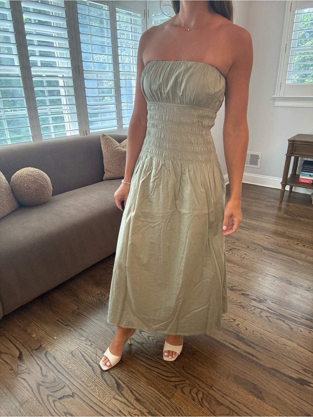 Strapless Smocked Waist Midi Dress in Olive Green